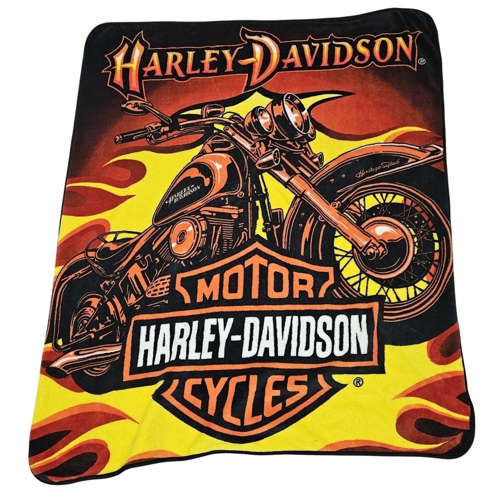 Harley-Davidson Blanket Black Heritage Softail Flame Fleece Throw Bikercore